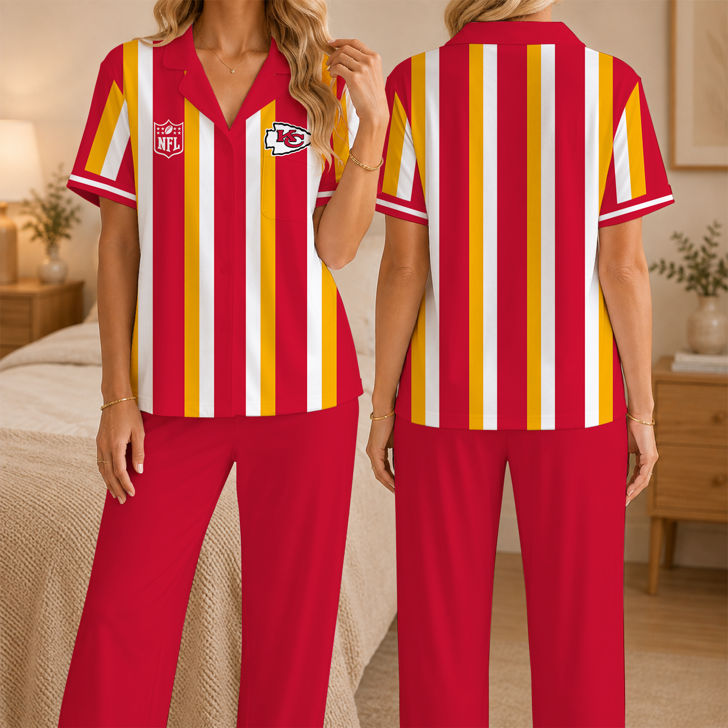 [SPECIAL OFFER] NEW CUSTOMIZED NFL01 KCC KANSAS CITY CHIEFS SHORT SLEEVE & LONG PANTS PAJAMAS SET
