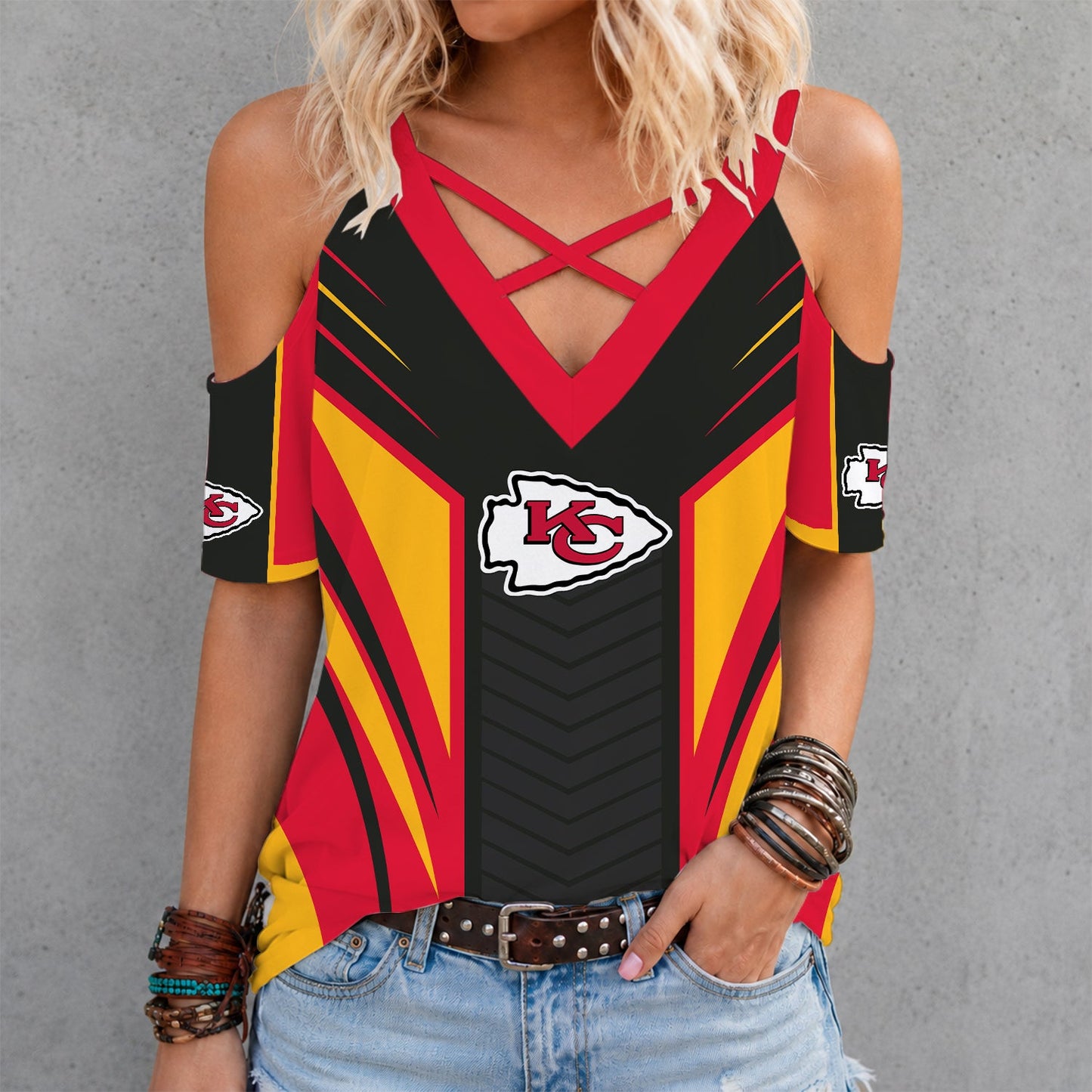 [SPECIAL OFFER] NEW CUSTOMIZED NFL01 KCC KANSAS CITY CHIEFS CRISS CROSS V-NECK TOP