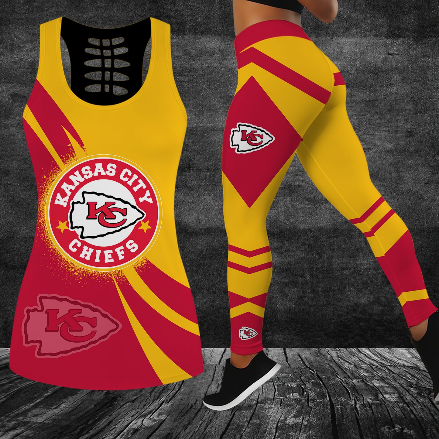 [SPECIAL OFFER] NEW CUSTOMIZED NFL01 KCC KANSAS CITY CHIEFS HOLLOW TANK TOP & LEGGINGS SET