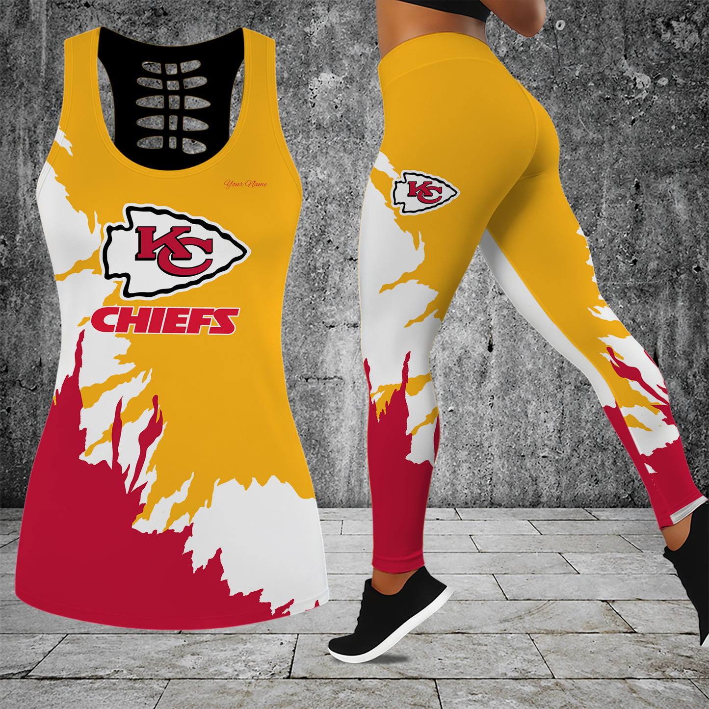 [SPECIAL OFFER] NEW CUSTOMIZED NFL01 KCC KANSAS CITY CHIEFS HOLLOW TANK TOP & LEGGINGS SET