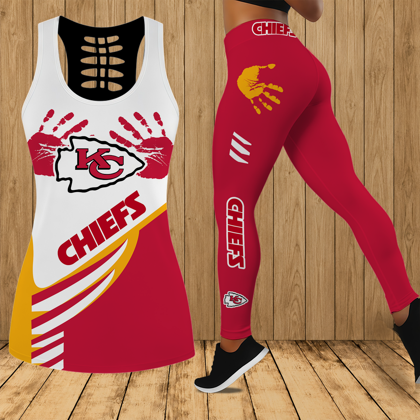[SPECIAL OFFER] NEW CUSTOMIZED NFL01 KCC KANSAS CITY CHIEFS HOLLOW TANK TOP & LEGGINGS SET