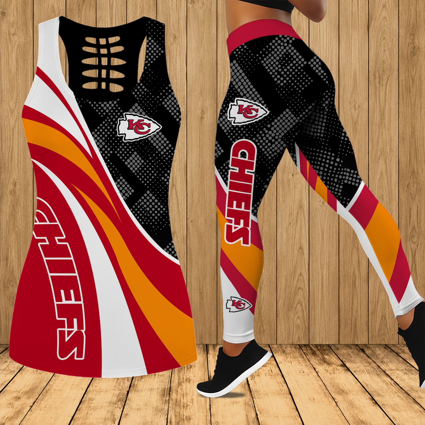 [SPECIAL OFFER] NEW CUSTOMIZED NFL01 KCC KANSAS CITY CHIEFS HOLLOW TANK TOP & LEGGINGS SET