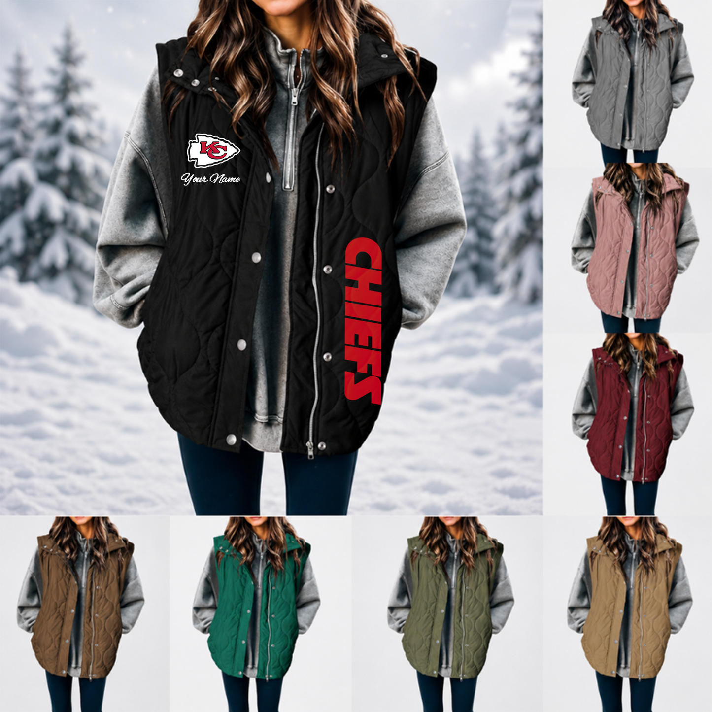 [SPECIAL OFFER] NEW CUSTOMIZED NFL01 KCC KANSAS CITY CHIEFS WOMEN'S MULTICOLOR SLEEVELESS PUFFER COAT