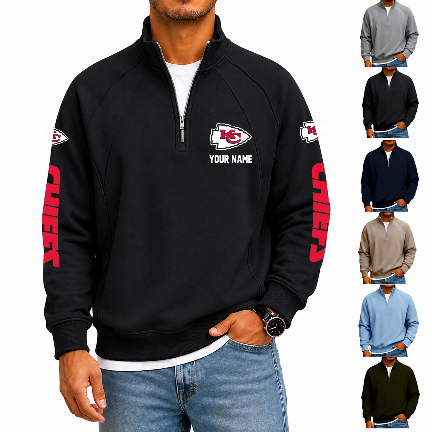 [SPECIAL OFFER] NEW CUSTOMIZED NFL01 KCC KANSAS CITY CHIEFS MEN'S QUARTER ZIP PULLOVER