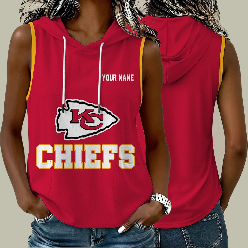 [SPECIAL OFFER] NEW CUSTOMIZED NFL01 KCC KANSAS CITY CHIEFS WOMEN'S SLEEVELESS HOODED POCKET TANK TOP