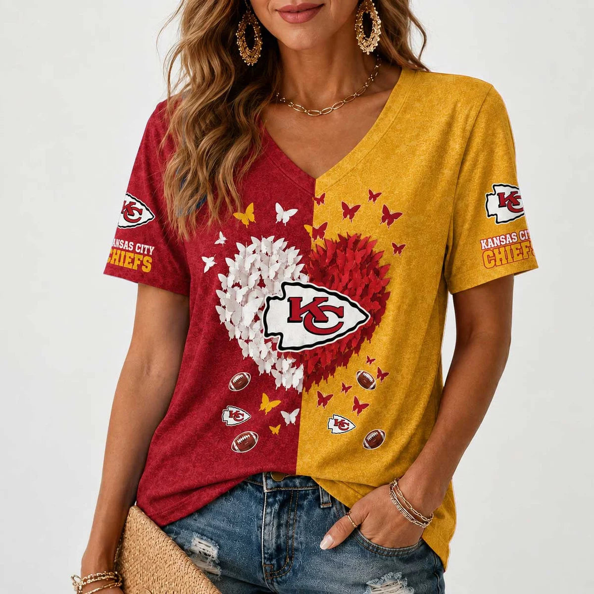 [SPECIAL OFFER] NEW CUSTOMIZED NFL01 KCC KANSAS CITY CHIEFS V-NECK FEMALE SHIRT