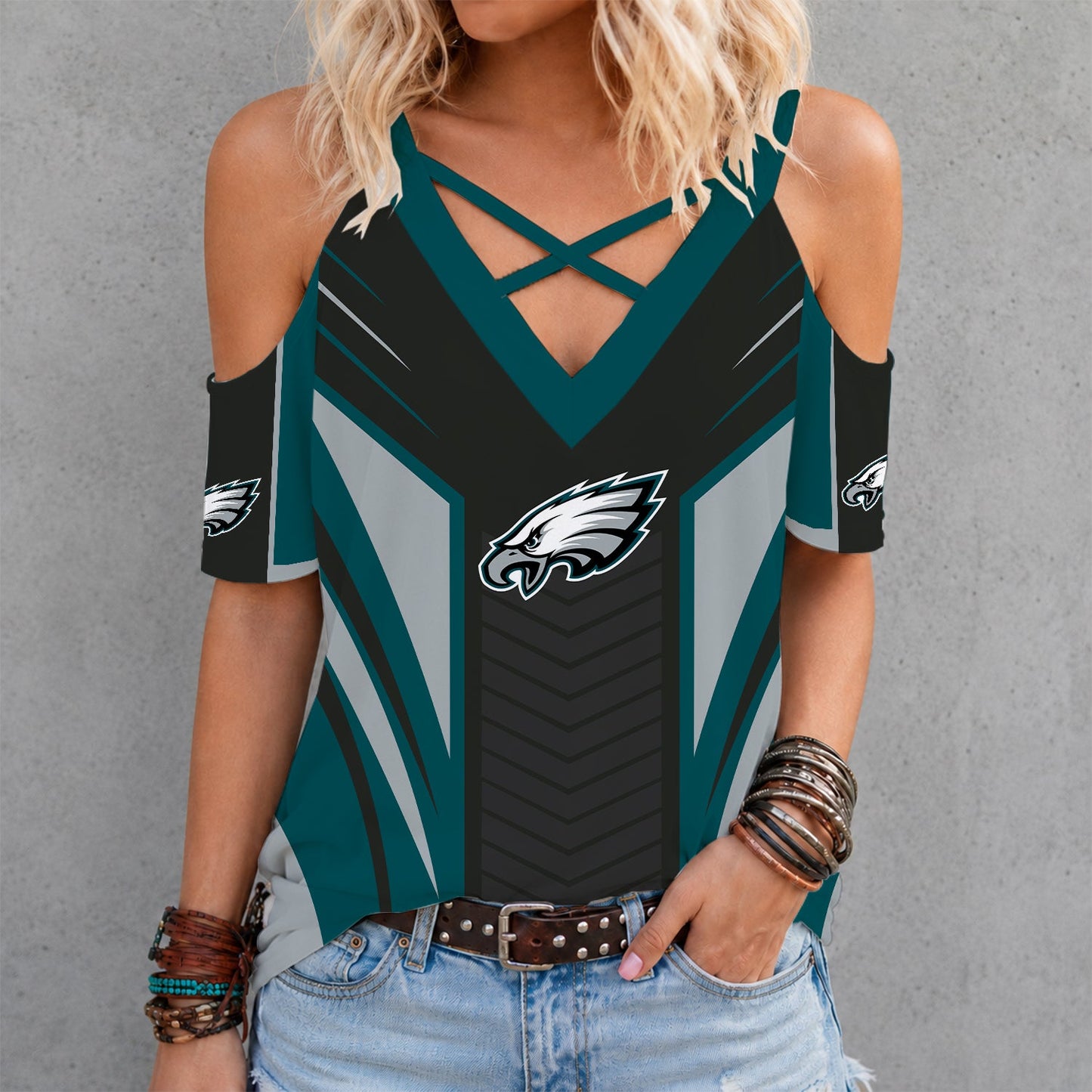 [SPECIAL OFFER] NEW CUSTOMIZED NFL02 PPE PHILADELPHIA EAGLES CRISS CROSS V-NECK TOP