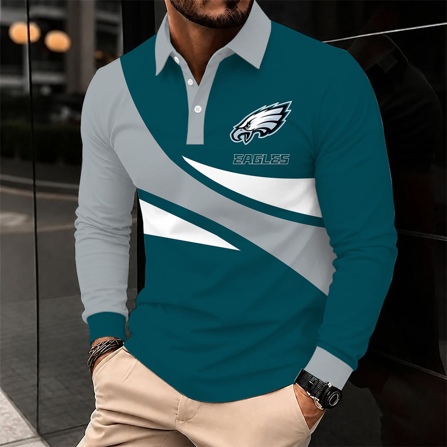 [SPECIAL OFFER] NEW CUSTOMIZED NFL02 PPE PHILADELPHIA EAGLES LONG SLEEVE POLO SHIRT