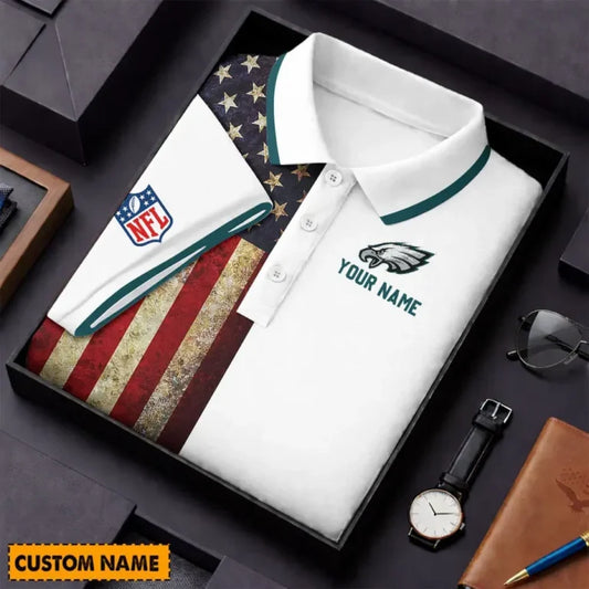 [SPECIAL OFFER] NEW CUSTOMIZED NFL02 PPE PHILADELPHIA EAGLES US FLAG POLO SHIRT