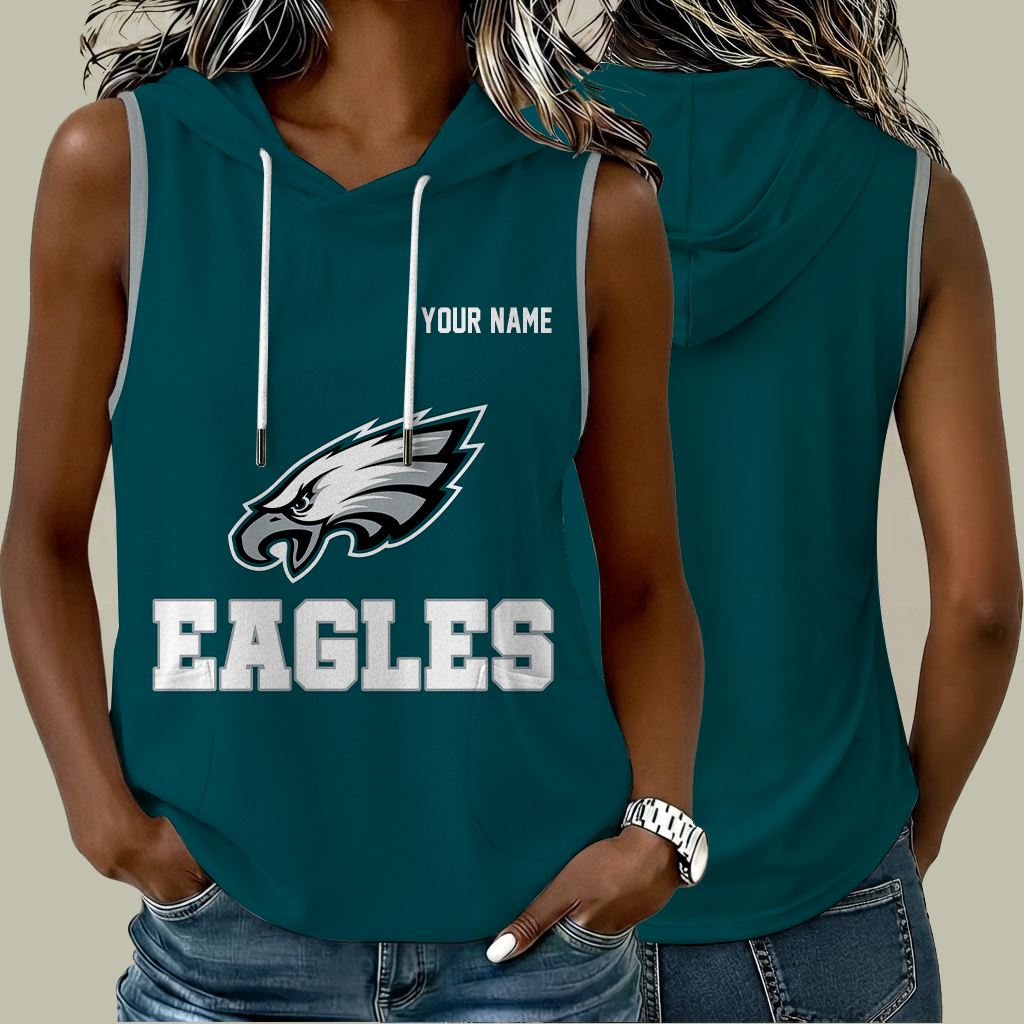 [SPECIAL OFFER] NEW CUSTOMIZED NFL02 PPE PHILADELPHIA EAGLES WOMEN'S SLEEVELESS HOODED POCKET TANK TOP