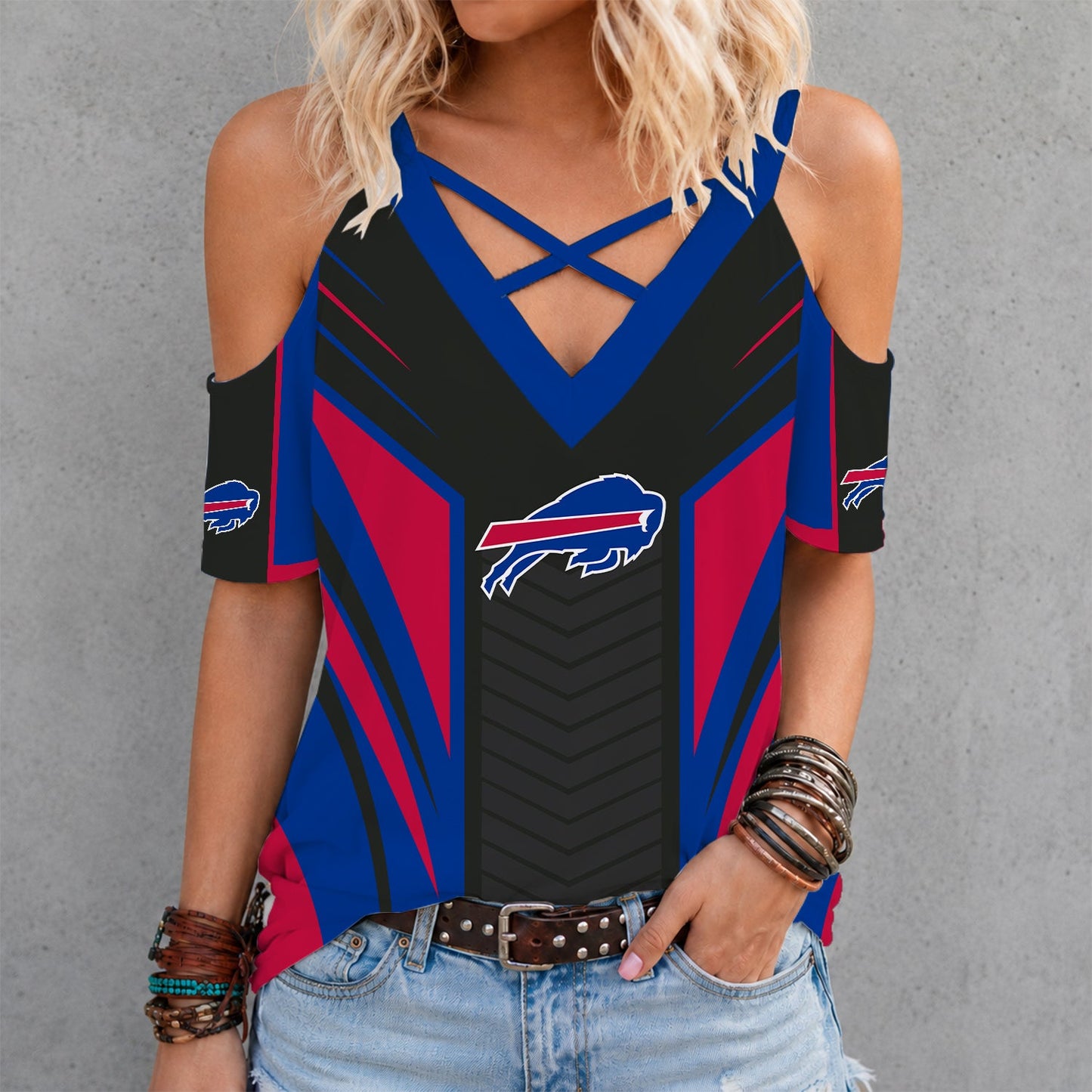 [SPECIAL OFFER] NEW CUSTOMIZED NFL03 BFB BUFFALO BILLS CRISS CROSS V-NECK TOP
