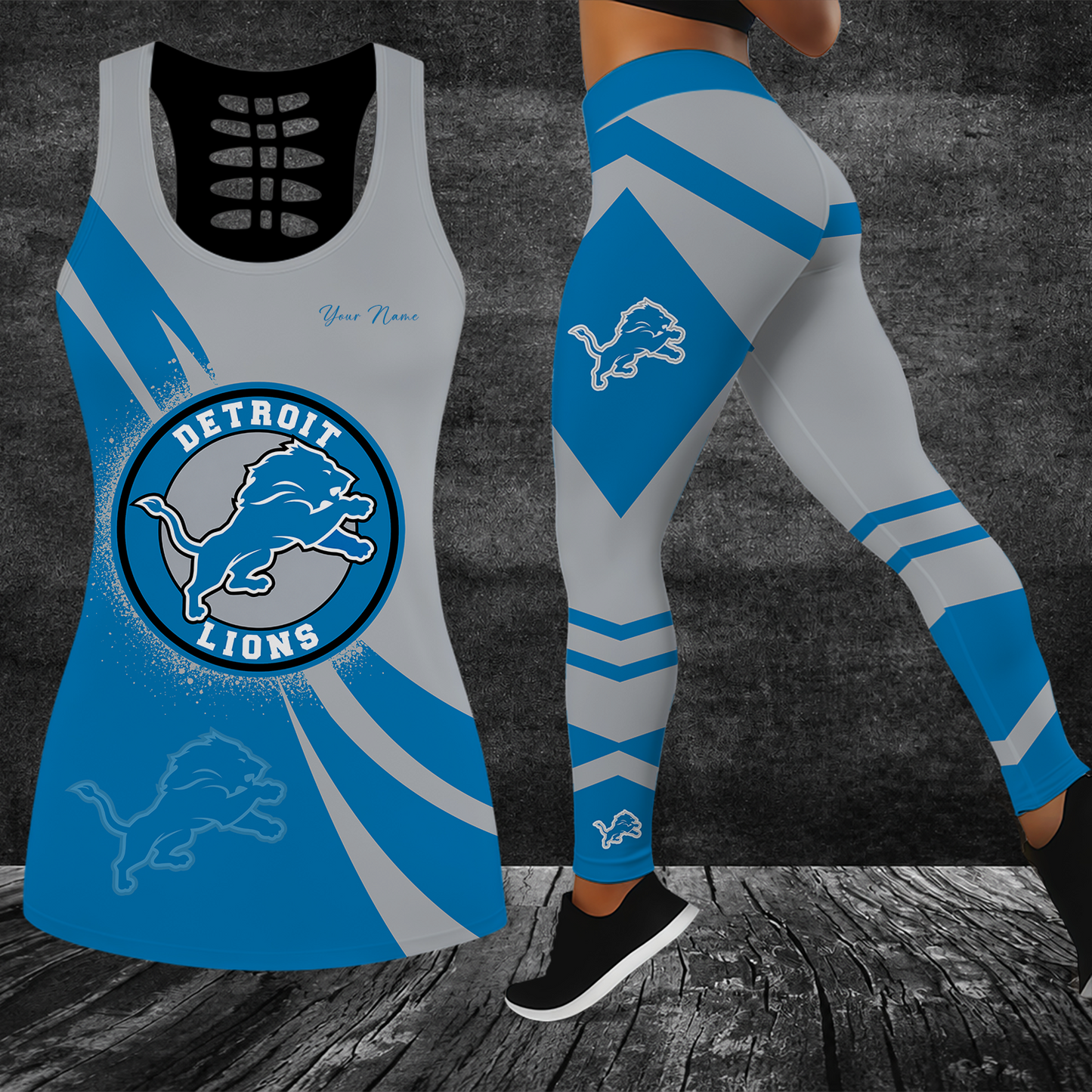 [SPECIAL OFFER] NEW CUSTOMIZED NFL04 DTL DETROIT LIONS HOLLOW TANK TOP & LEGGINGS SET