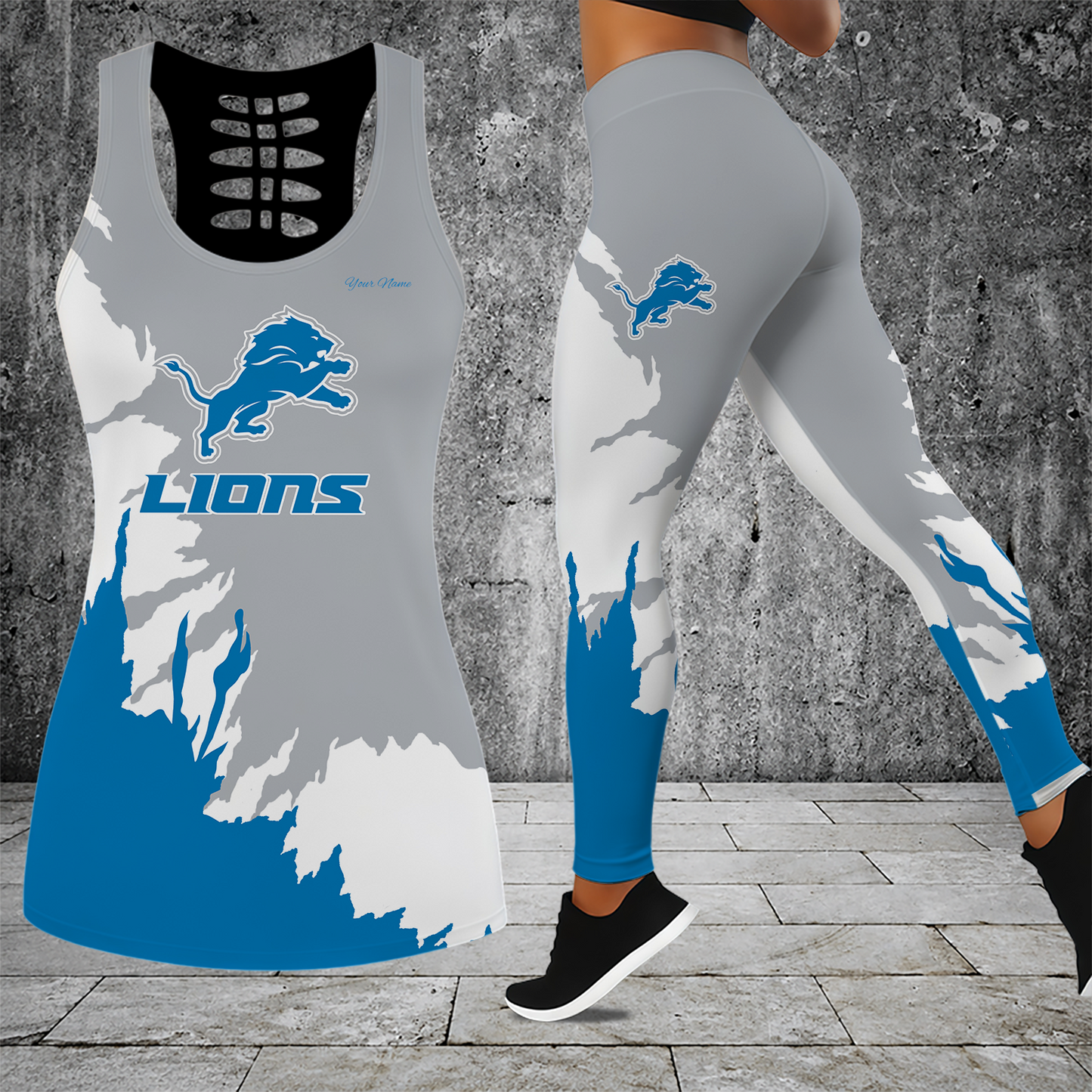 [SPECIAL OFFER] NEW CUSTOMIZED NFL04 DTL DETROIT LIONS HOLLOW TANK TOP & LEGGINGS SET