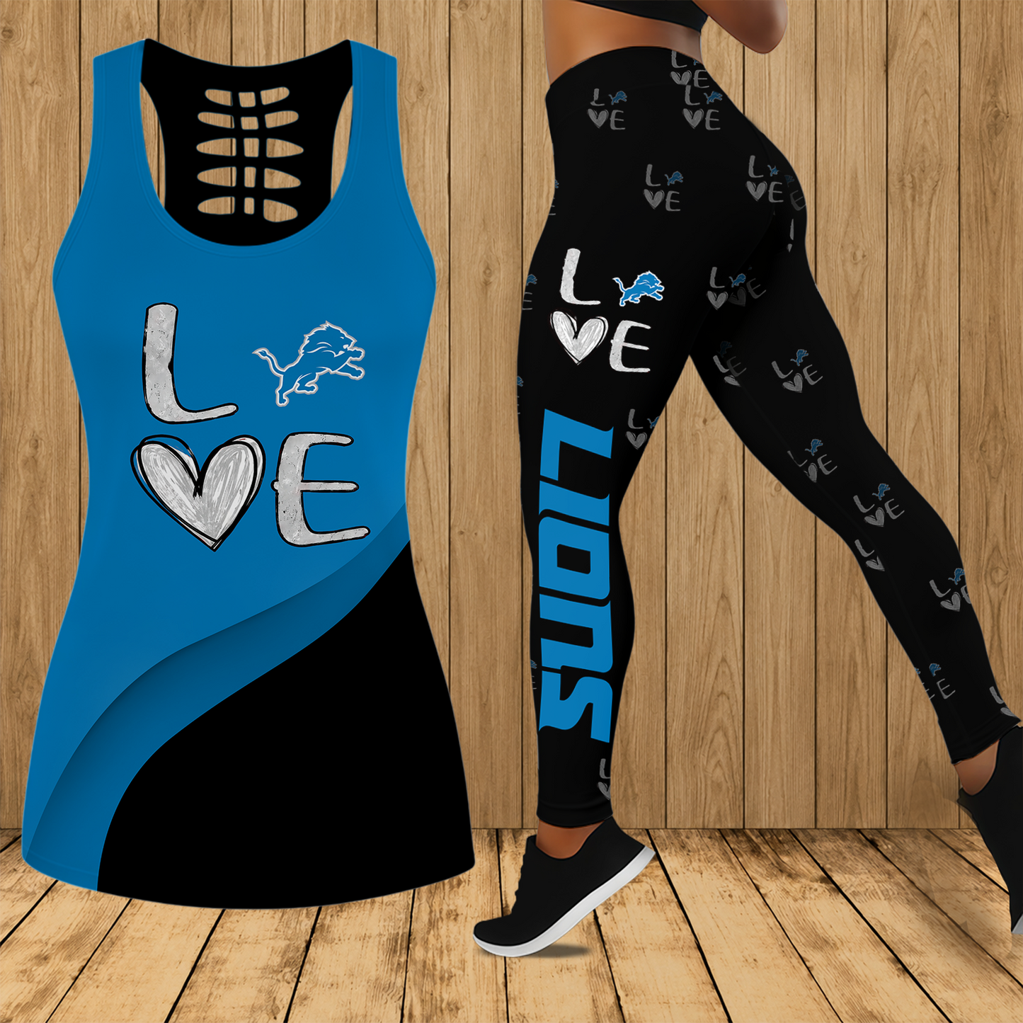 [SPECIAL OFFER] NEW CUSTOMIZED NFL04 DTL DETROIT LIONS HOLLOW TANK TOP & LEGGINGS SET