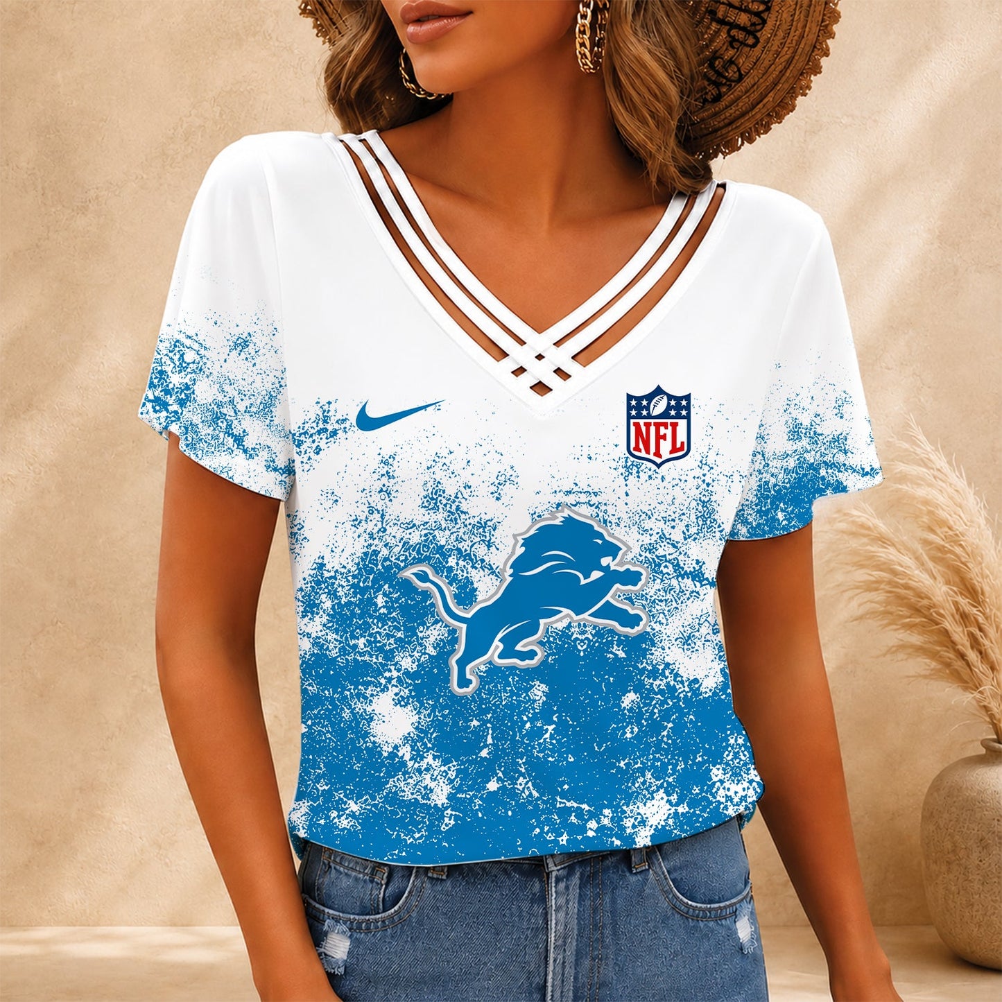[SPECIAL OFFER] NEW CUSTOMIZED NFL04 DTL DETROIT LIONS V-NECK SHIRT