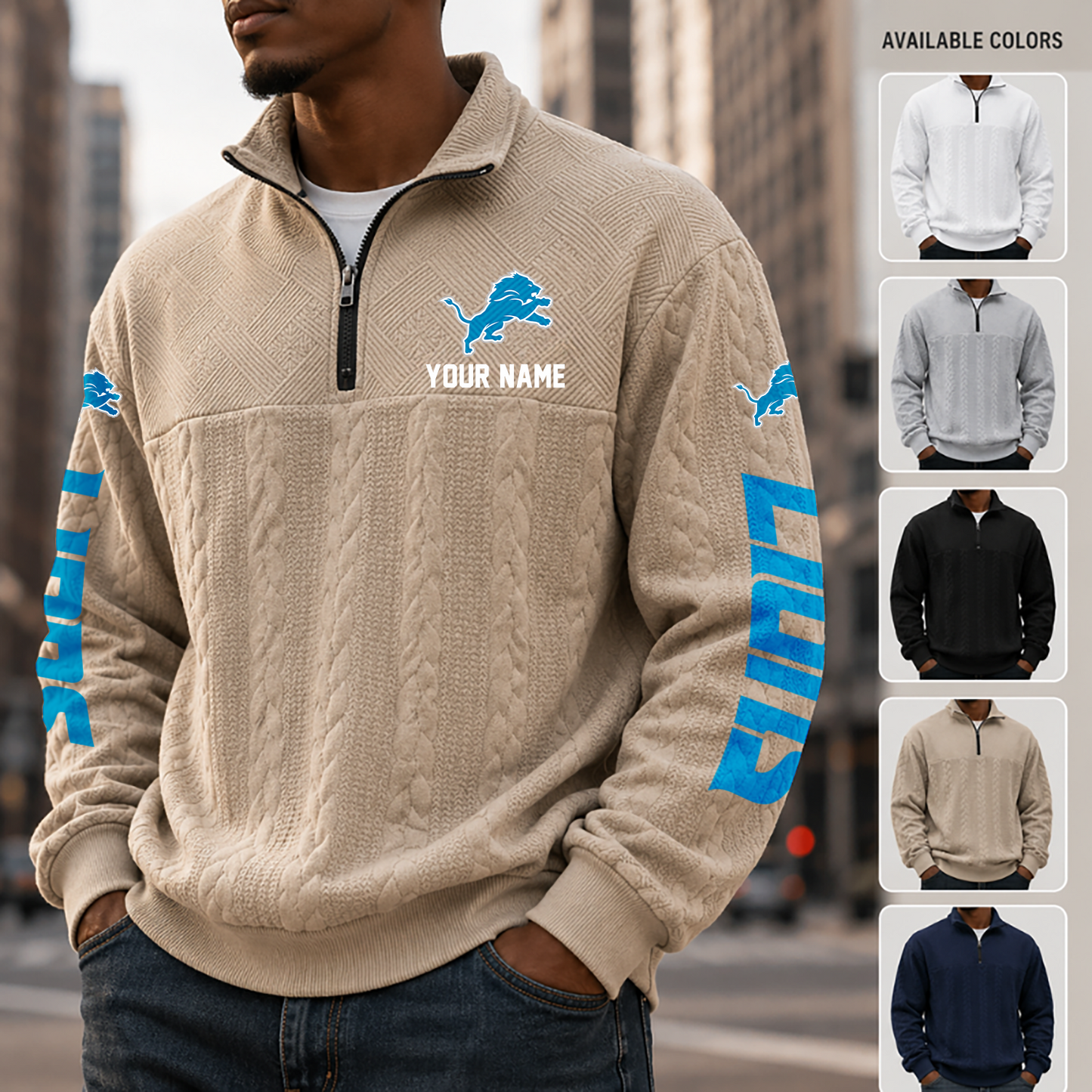 [SPECIAL OFFER] NEW CUSTOMIZED NFL04 DTL DETROIT LIONS MULTICOLOR QUARTER-ZIP SWEATSHIRT
