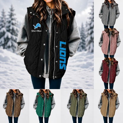 [SPECIAL OFFER] NEW CUSTOMIZED NFL04 DTL DETROIT LIONS WOMEN'S MULTICOLOR SLEEVELESS PUFFER COAT