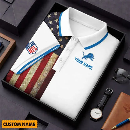 [SPECIAL OFFER] NEW CUSTOMIZED NFL04 DTL DETROIT LIONS US FLAG POLO SHIRT