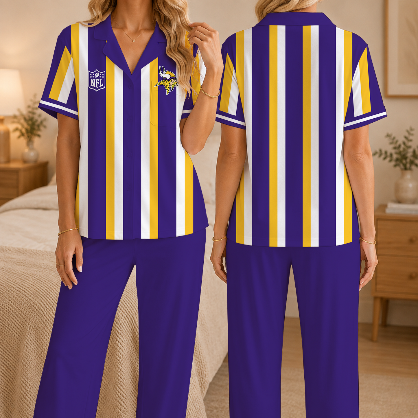 [SPECIAL OFFER] NEW CUSTOMIZED NFL05 MVK MINNESOTA VIKINGS SHORT SLEEVE & LONG PANTS PAJAMAS SET