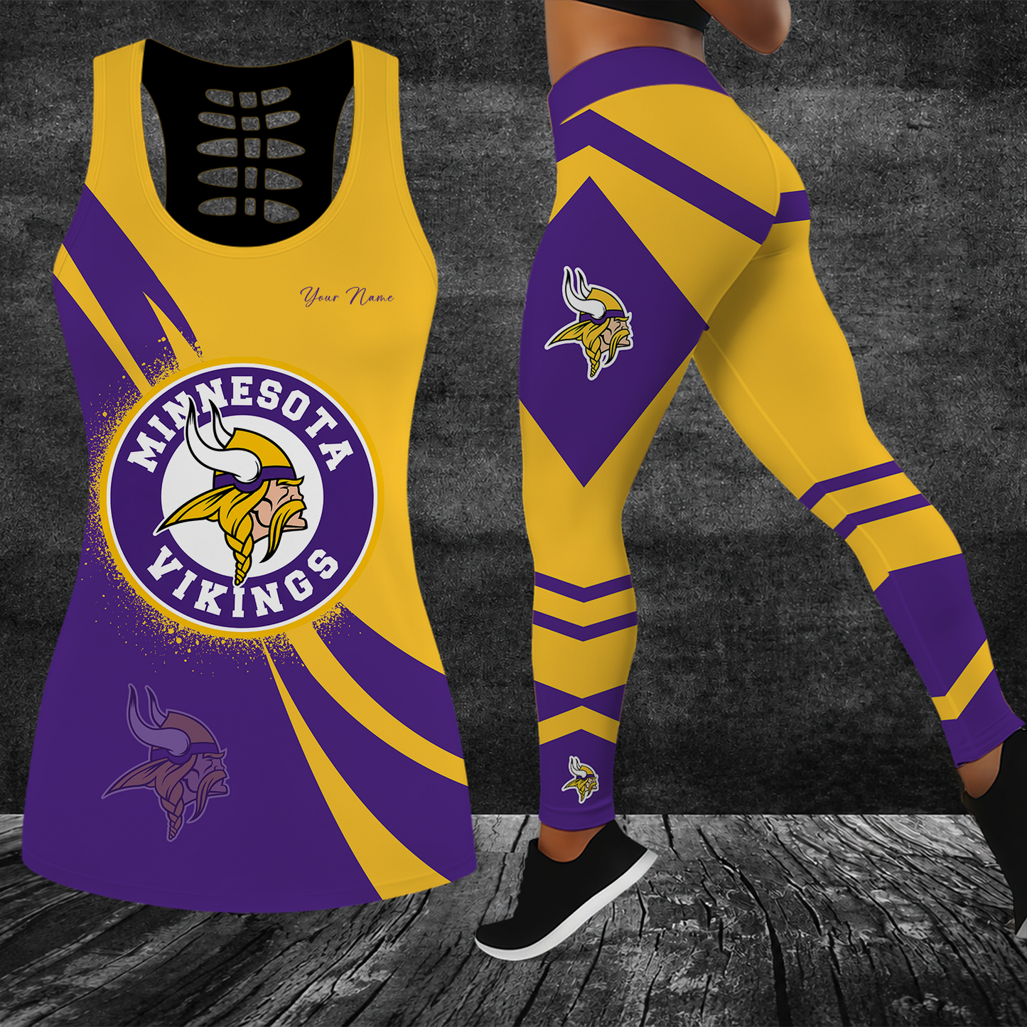 [SPECIAL OFFER] NEW CUSTOMIZED NFL05 MVK MINNESOTA VIKINGS HOLLOW TANK TOP & LEGGINGS SET