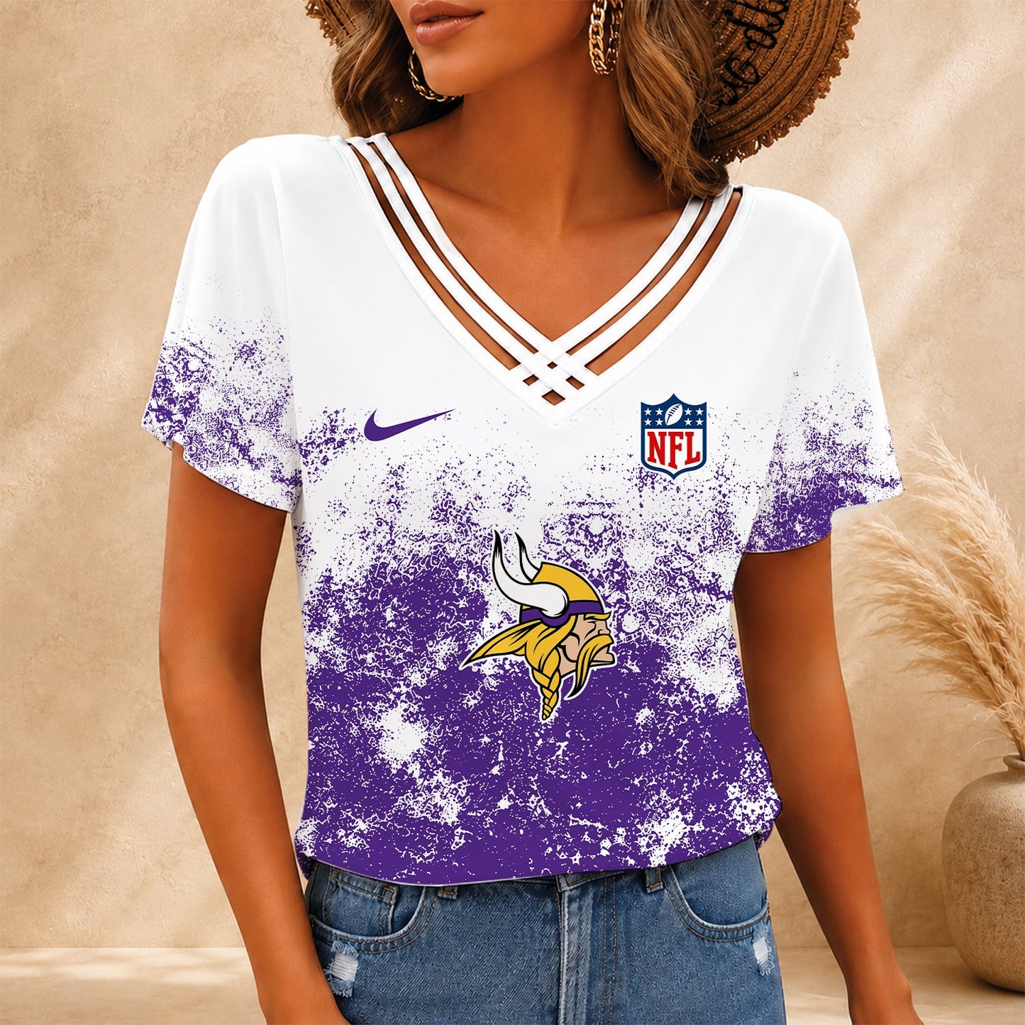 [SPECIAL OFFER] NEW CUSTOMIZED NFL05 MVK MINNESOTA VIKINGS V-NECK SHIRT
