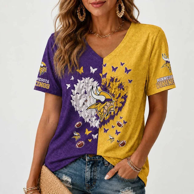 [SPECIAL OFFER] NEW CUSTOMIZED NFL05 MVK MINNESOTA VIKINGS V-NECK FEMALE SHIRT