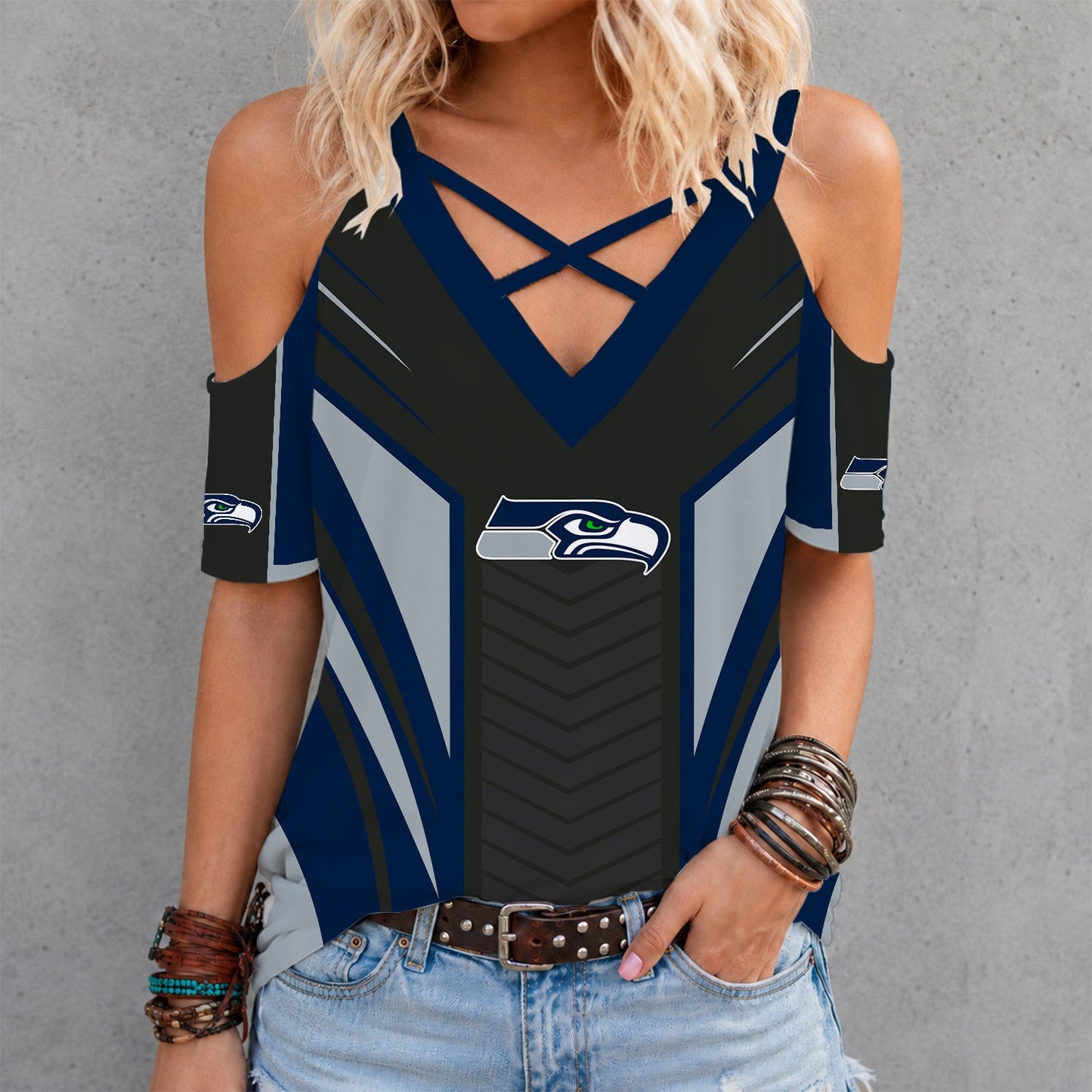 [SPECIAL OFFER] NEW CUSTOMIZED NFL06 SSH SEATTLE SEAHAWKS CRISS CROSS V-NECK TOP