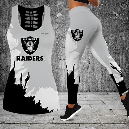 [SPECIAL OFFER] NEW CUSTOMIZED NFL07 LVR LAS VEGAS RAIDERS HOLLOW TANK TOP & LEGGINGS SET