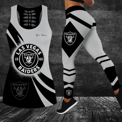 [SPECIAL OFFER] NEW CUSTOMIZED NFL07 LVR LAS VEGAS RAIDERS HOLLOW TANK TOP & LEGGINGS SET