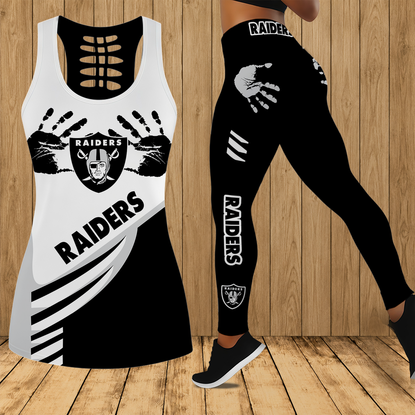 [SPECIAL OFFER] NEW CUSTOMIZED NFL07 LVR LAS VEGAS RAIDERS HOLLOW TANK TOP & LEGGINGS SET