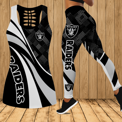 [SPECIAL OFFER] NEW CUSTOMIZED NFL07 LVR LAS VEGAS RAIDERS HOLLOW TANK TOP & LEGGINGS SET