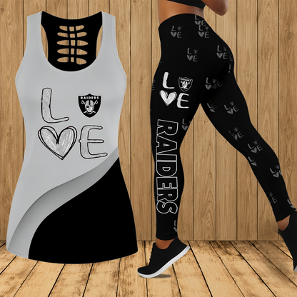 [SPECIAL OFFER] NEW CUSTOMIZED NFL07 LVR LAS VEGAS RAIDERS HOLLOW TANK TOP & LEGGINGS SET