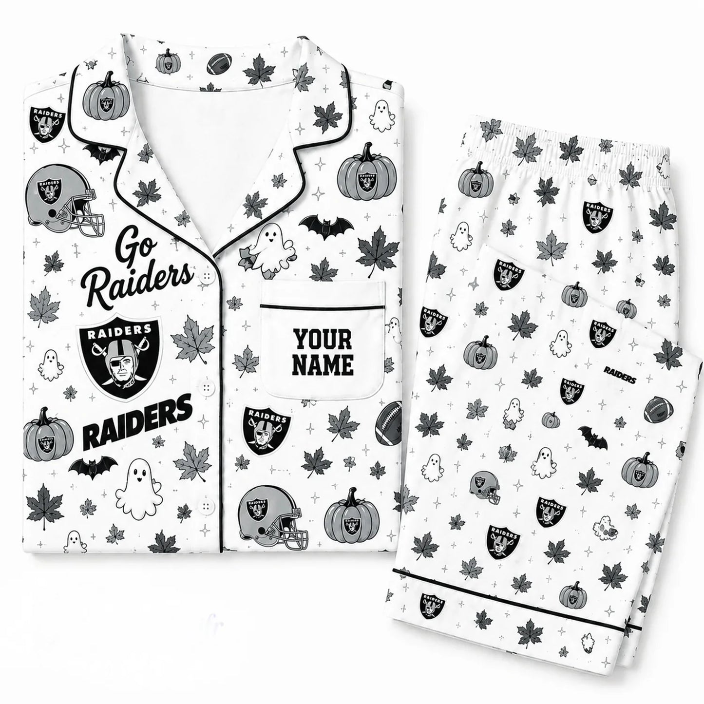 [SPECIAL OFFER] NEW CUSTOMIZED NFL07 LVR LAS VEGAS RAIDERS HALLOWEEN LONG PAJAMAS SET