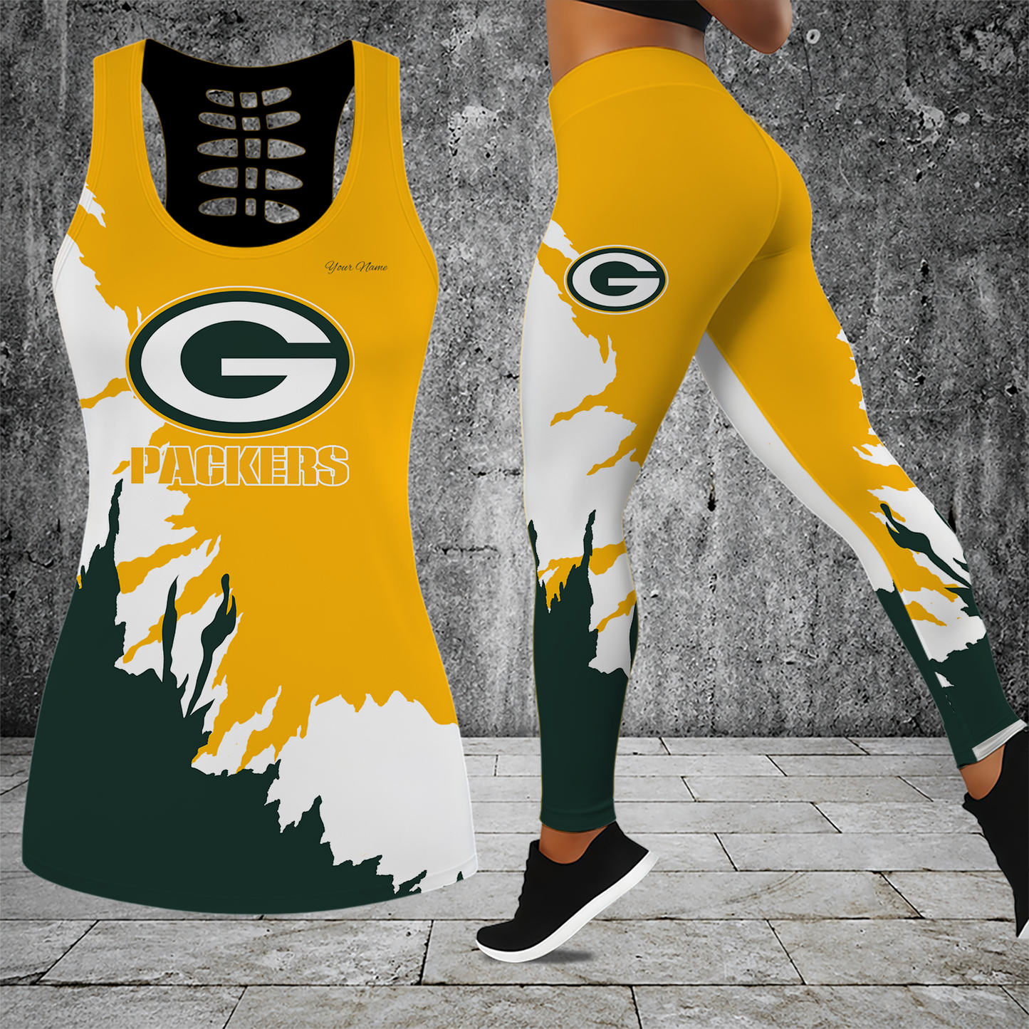 [SPECIAL OFFER] NEW CUSTOMIZED NFL08 GBP GREEN BAY PACKERS HOLLOW TANK TOP & LEGGINGS SET