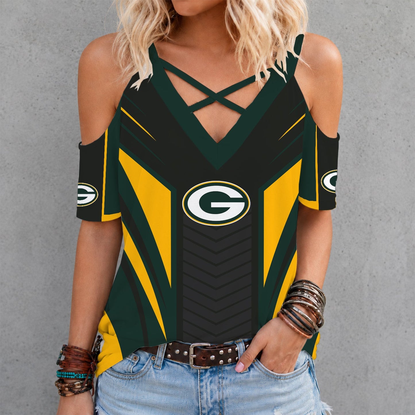 [SPECIAL OFFER] NEW CUSTOMIZED NFL08 GBP GREEN BAY PACKERS CRISS CROSS V-NECK TOP
