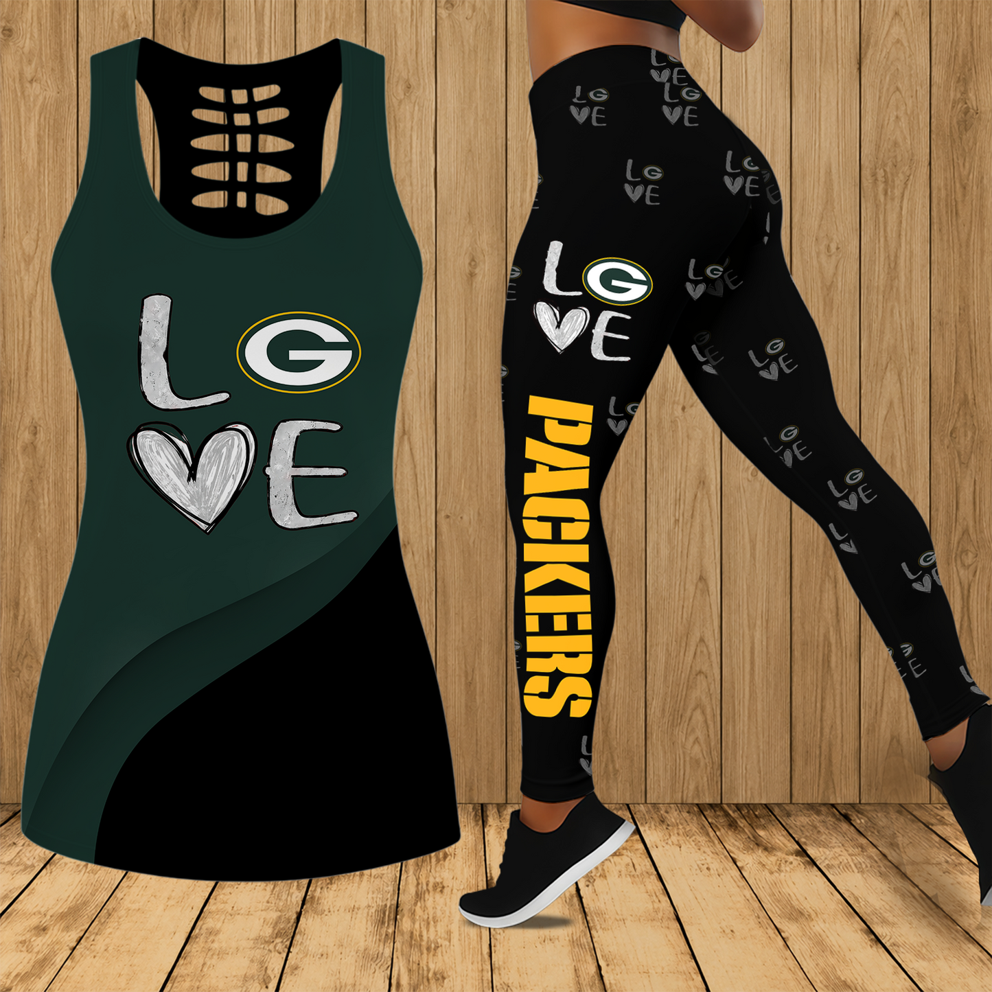 [SPECIAL OFFER] NEW CUSTOMIZED NFL08 GBP GREEN BAY PACKERS HOLLOW TANK TOP & LEGGINGS SET