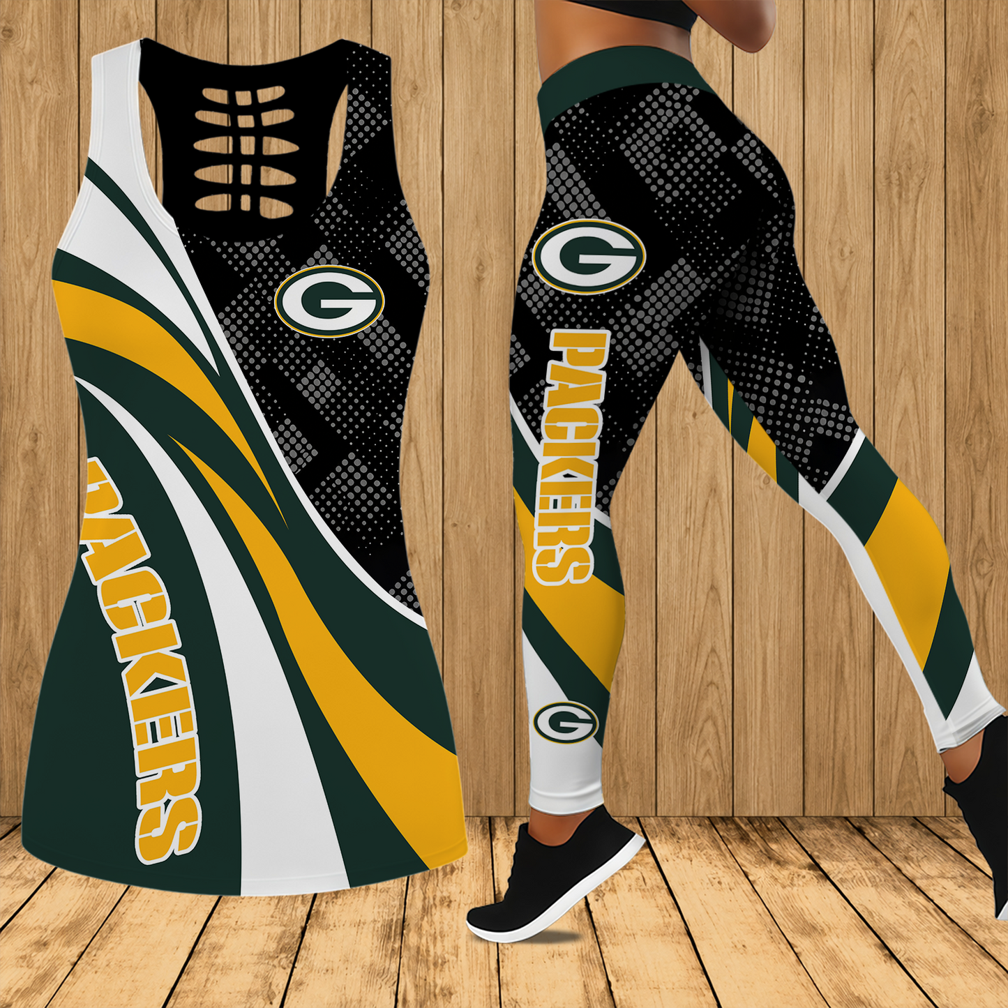 [SPECIAL OFFER] NEW CUSTOMIZED NFL08 GBP GREEN BAY PACKERS HOLLOW TANK TOP & LEGGINGS SET