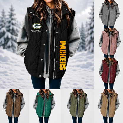[SPECIAL OFFER] NEW CUSTOMIZED NFL08 GBP GREEN BAY PACKERS WOMEN'S MULTICOLOR SLEEVELESS PUFFER COAT