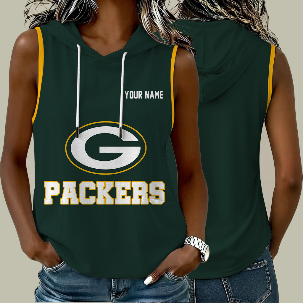[SPECIAL OFFER] NEW CUSTOMIZED NFL08 GBP GREEN BAY PACKERS WOMEN'S SLEEVELESS HOODED POCKET TANK TOP