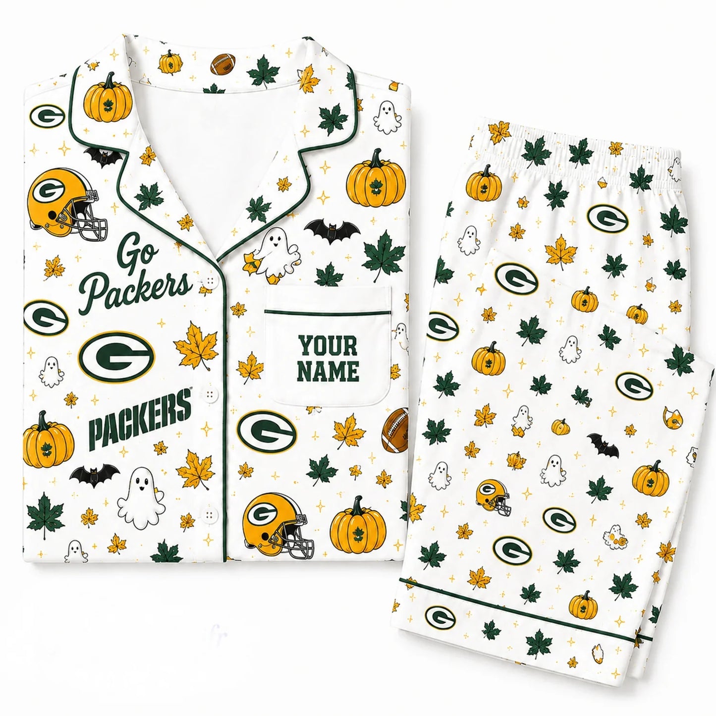 [SPECIAL OFFER] NEW CUSTOMIZED NFL08 GBP GREEN BAY PACKERS HALLOWEEN LONG PAJAMAS SET