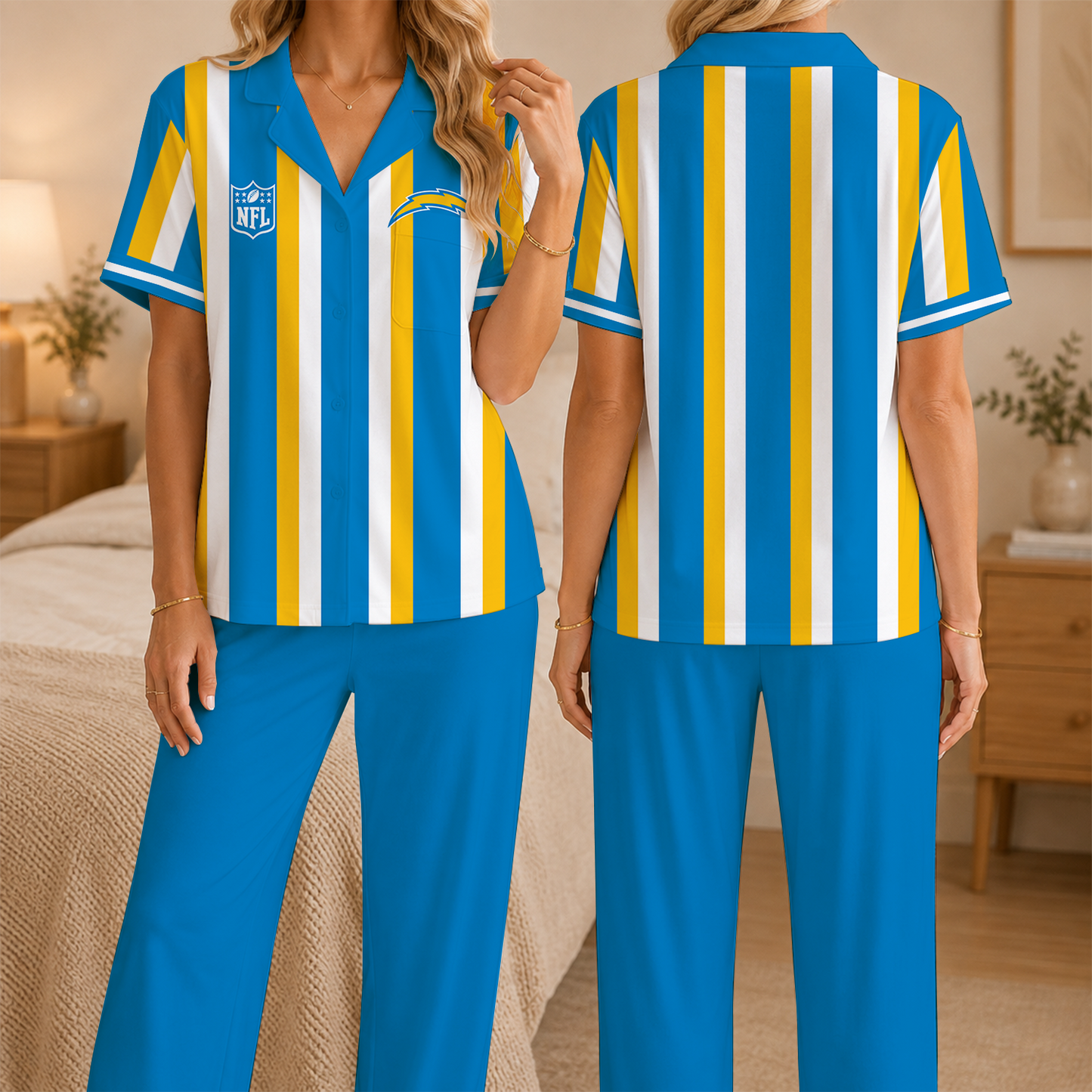 [SPECIAL OFFER] NEW CUSTOMIZED NFL09 LAC LOS ANGELES CHARGERS SHORT SLEEVE & LONG PANTS PAJAMAS SET