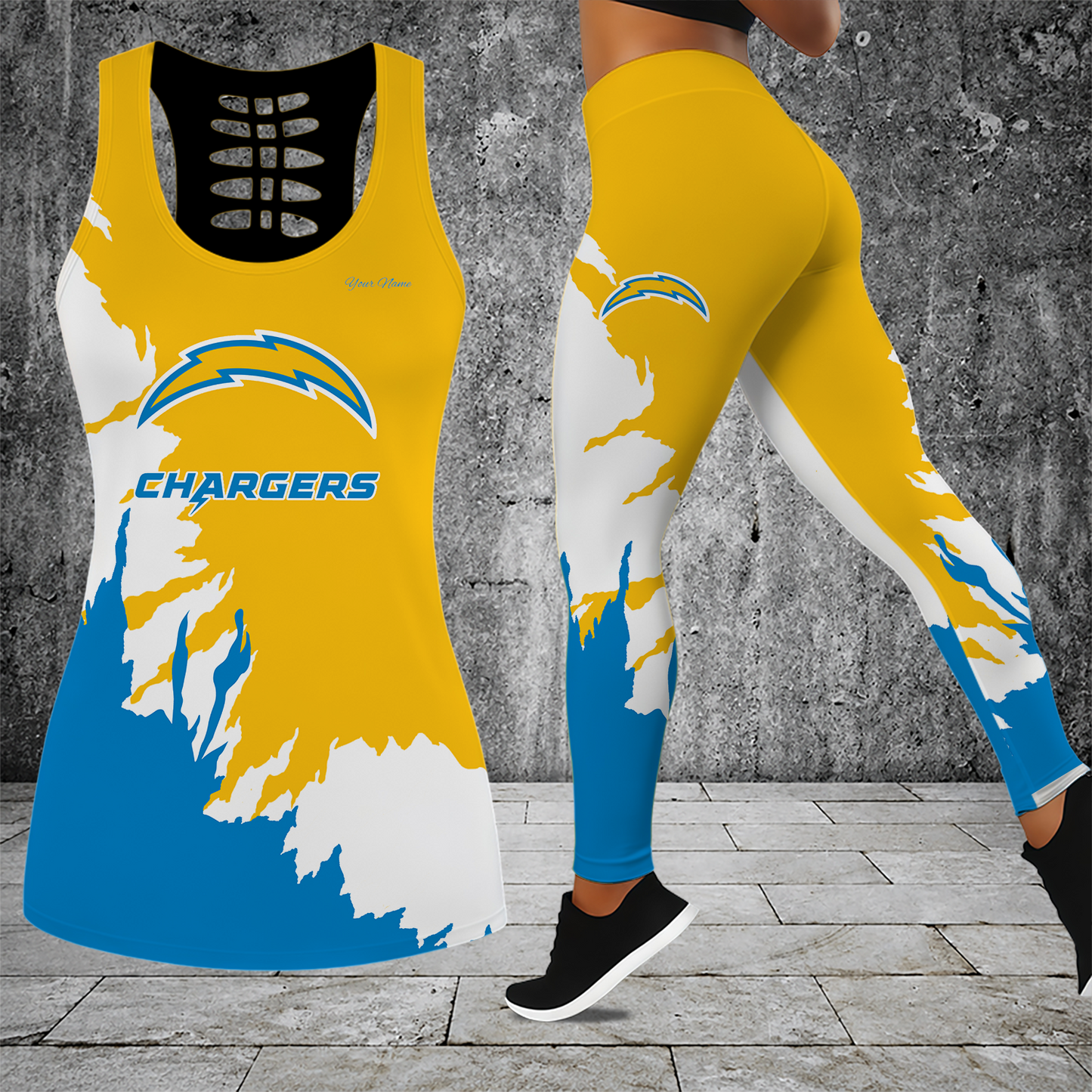 [SPECIAL OFFER] NEW CUSTOMIZED NFL09 LAC LOS ANGELES CHARGERS HOLLOW TANK TOP & LEGGINGS SET