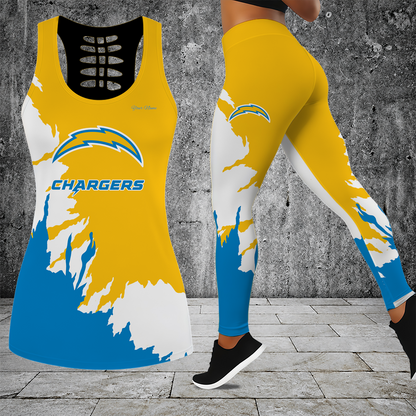 [SPECIAL OFFER] NEW CUSTOMIZED NFL09 LAC LOS ANGELES CHARGERS HOLLOW TANK TOP & LEGGINGS SET
