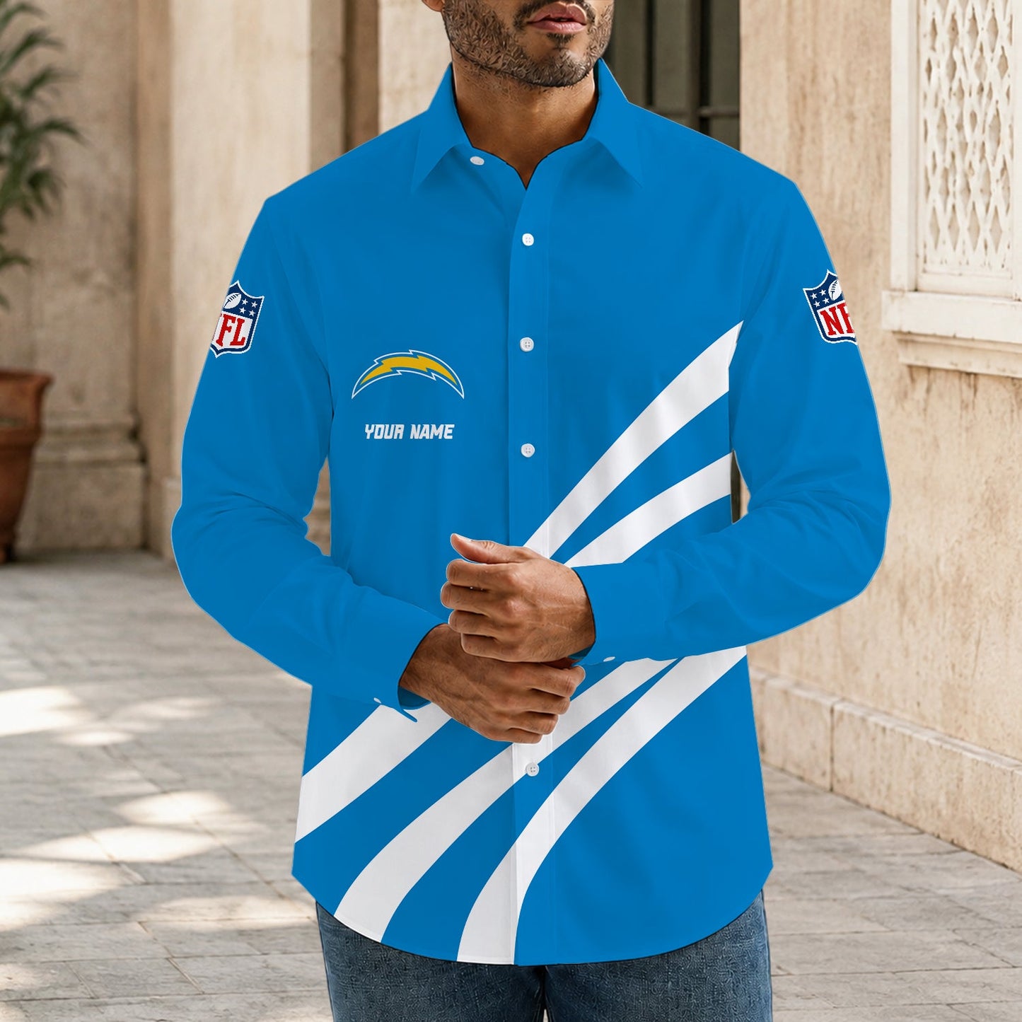 [SPECIAL OFFER] NEW CUSTOMIZED NFL09 LAC LOS ANGELES CHARGERS MEN'S LONG SLEEVE BUTTON-UP SHIRT