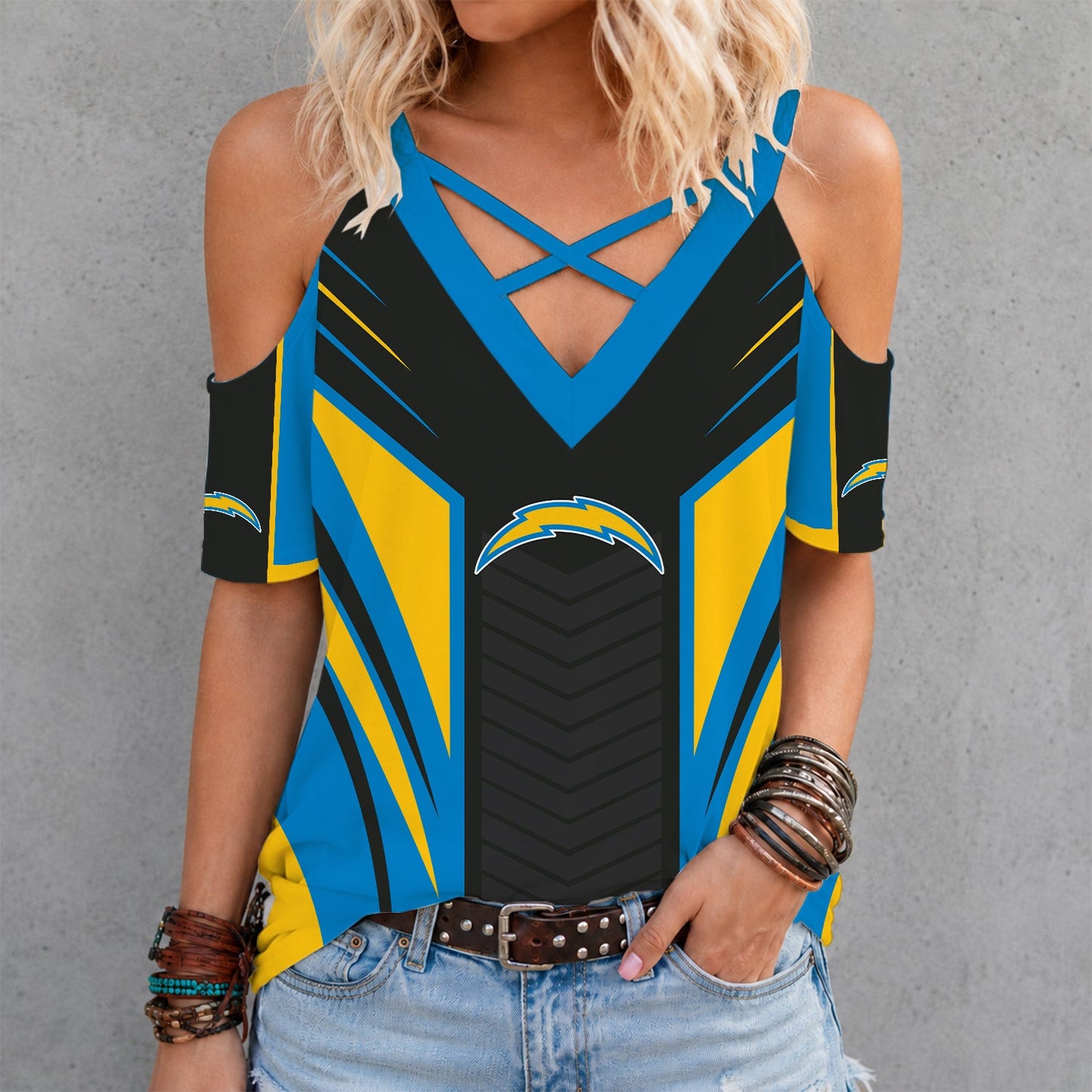 [SPECIAL OFFER] NEW CUSTOMIZED NFL09 LAC LOS ANGELES CHARGERS CRISS CROSS V-NECK TOP
