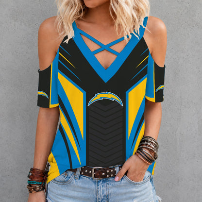 [SPECIAL OFFER] NEW CUSTOMIZED NFL09 LAC LOS ANGELES CHARGERS CRISS CROSS V-NECK TOP