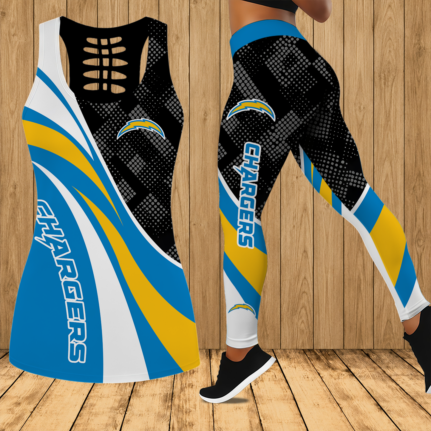 [SPECIAL OFFER] NEW CUSTOMIZED NFL09 LAC LOS ANGELES CHARGERS HOLLOW TANK TOP & LEGGINGS SET