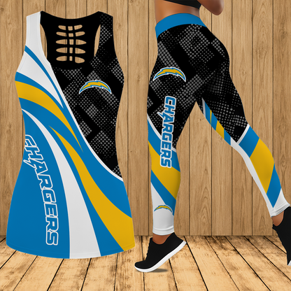 [SPECIAL OFFER] NEW CUSTOMIZED NFL09 LAC LOS ANGELES CHARGERS HOLLOW TANK TOP & LEGGINGS SET