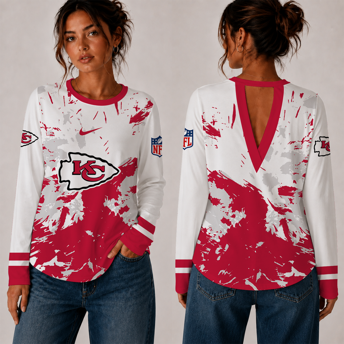 [SPECIAL OFFER] NEW CUSTOMIZED NFL01 KCC KANSAS CITY CHIEFS WOMEN'S BACK V-CUT LONG-SLEEVE SHIRT