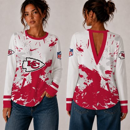 [SPECIAL OFFER] NEW CUSTOMIZED NFL01 KCC KANSAS CITY CHIEFS WOMEN'S BACK V-CUT LONG-SLEEVE SHIRT